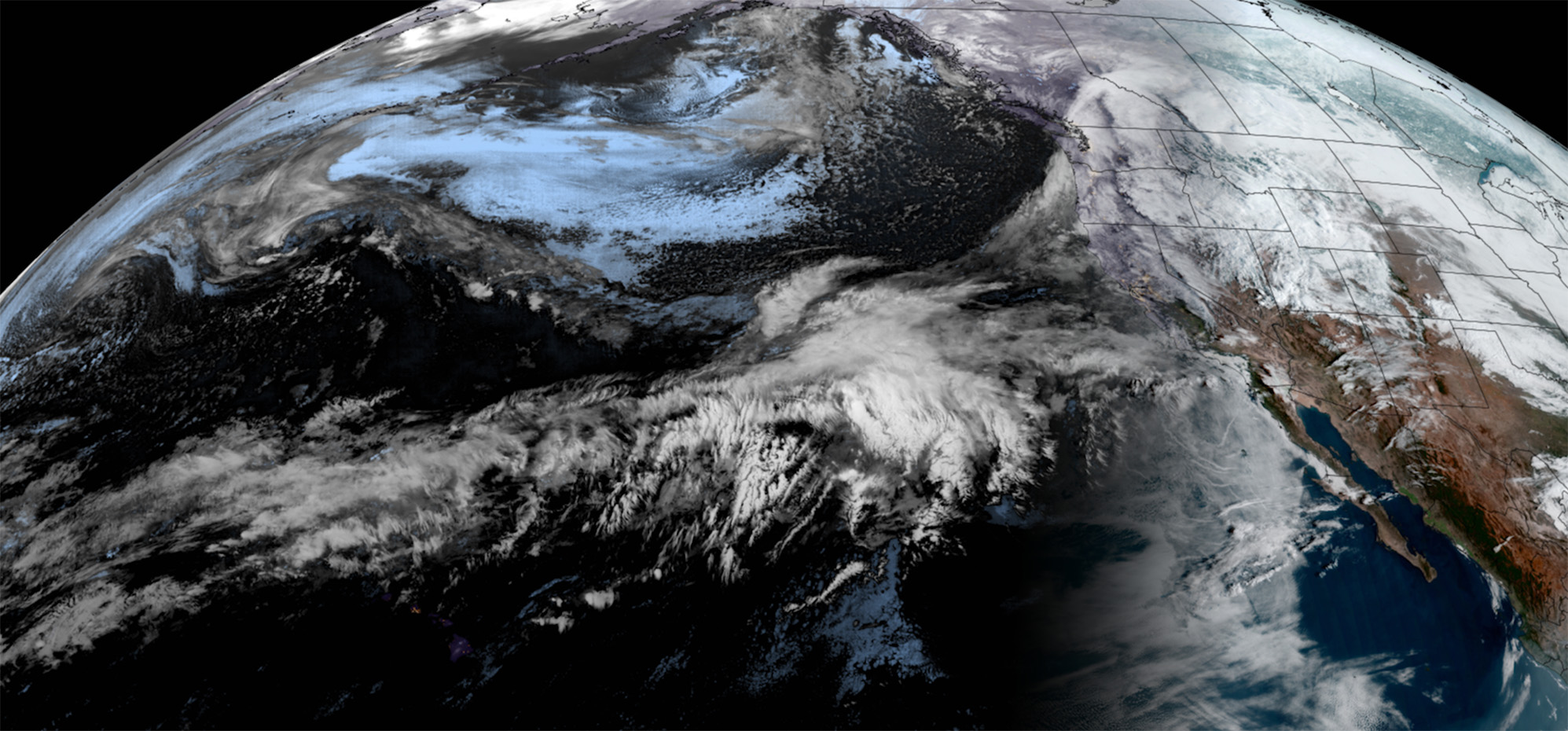 Aerial view of atmospheric rivers developing over the Pacific.