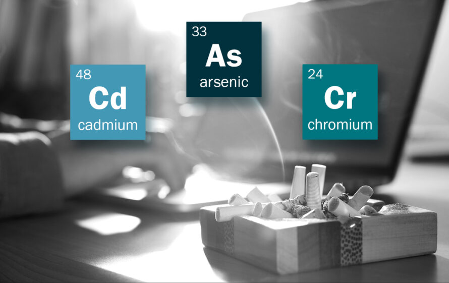 Close up of ashtray full of cigarettes with a person in background working on a laptop computer. The elements cadmium, arsenic, and chromium are overlaid on top.