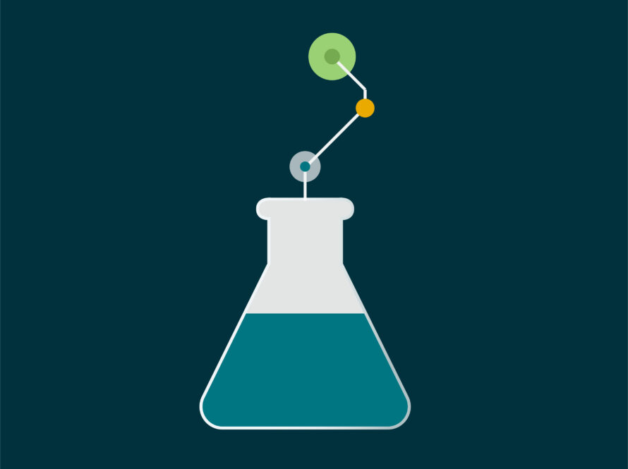 Illustration of a chemical beaker displaying a circle pattern, with a circles branching outside the beaker. The beaker is outlined in white set against a dark navy background.