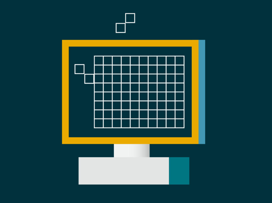 Illustration of a computer monitor displaying a grid pattern, with a few grid squares forming a small pattern outside the screen. The monitor is outlined in yellow, set against a dark teal background.