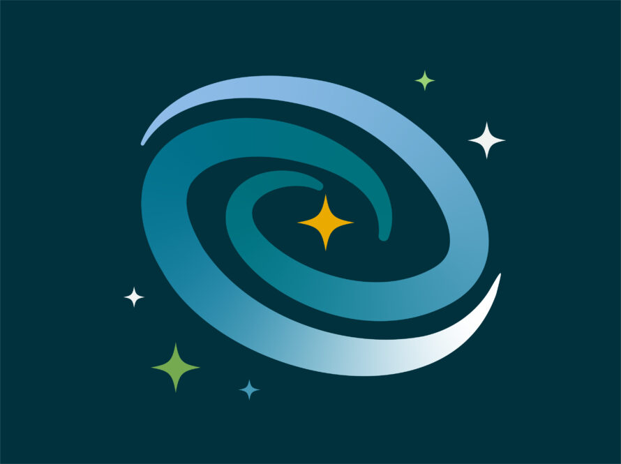 Illustration of a galaxy with various star shapes, with a few stars squares forming small patterns outside. The galaxy is gradient blue and teal, set against a dark navy background.