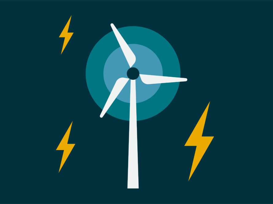 Illustration of a windmill with bolt patterns surrounding. The mill is white and teal, set against a dark navy background.