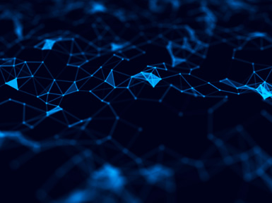 A digital abstract background featuring interconnected lines and nodes in a network pattern, predominantly in shades of blue against a dark backdrop.