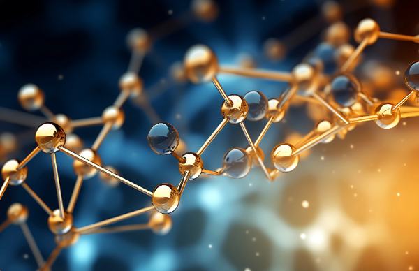 Digital 3D illustration of a molecular structure with gold and blue hues set against a dark background.