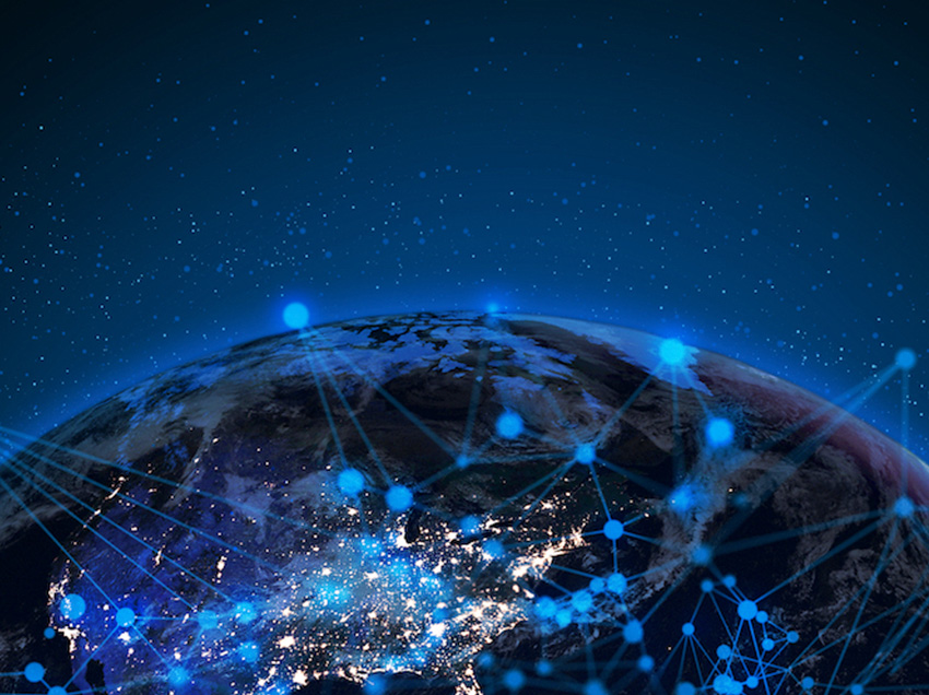 A digital illustration of Earth with glowing blue network lines and dots across a dark space background.