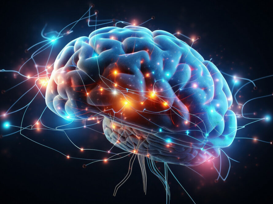 Digital illustration of a human brain depicted with glowing blue and orange nodes and interconnected lines, set against a dark background.