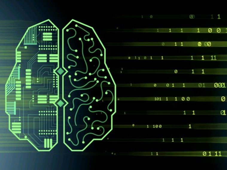 Digital illustration of a circuit board shaped like a human brain, set against a dark background with green binary code.