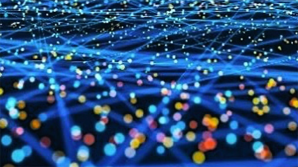 Abstract digital image showing numerous interconnected lines and dots in various colors on a dark blue background.