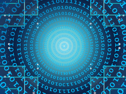 Digital abstract background featuring multiple layers of binary code in a central circular pattern.