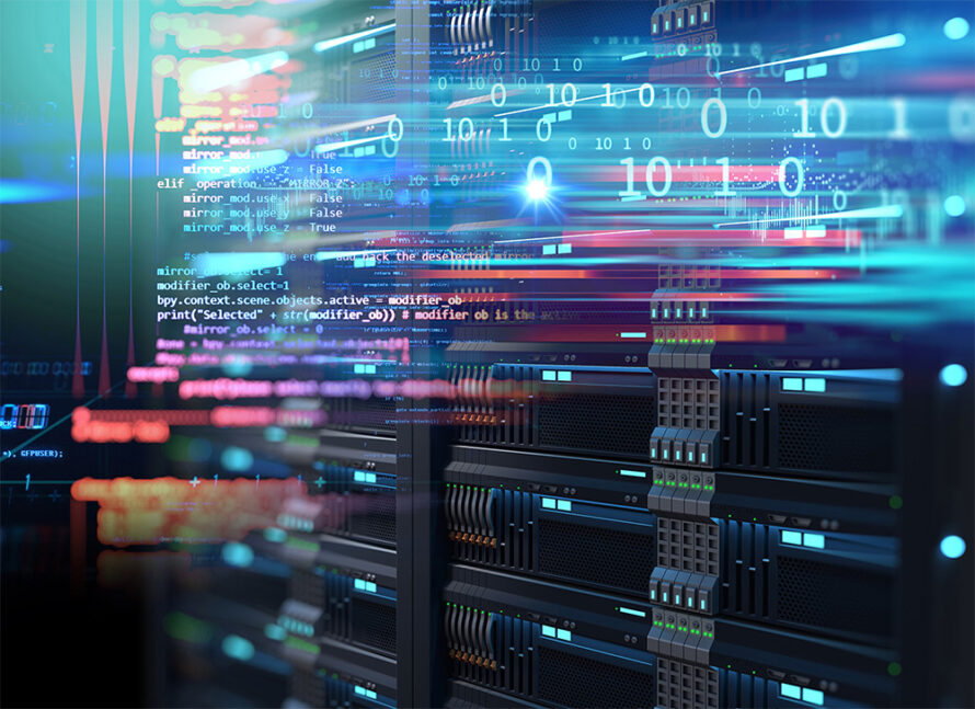 Abstract collage of code overlaid on data centers.