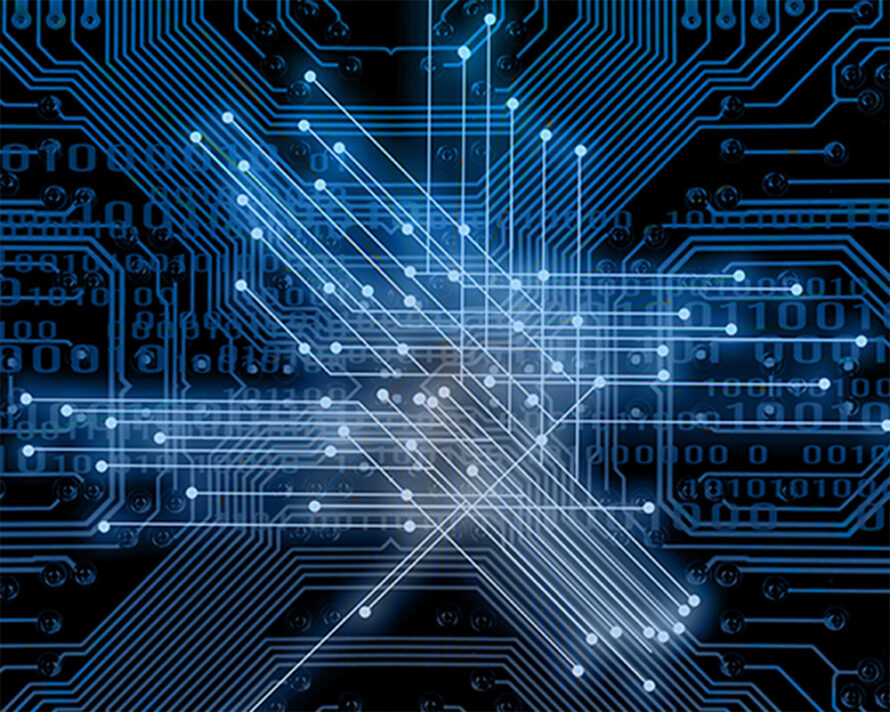 Digital illustration of a blue circuit board with glowing lines.
