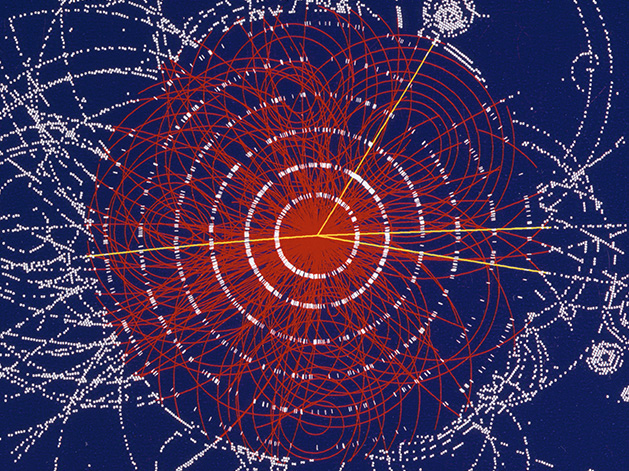Simulated data modeled for the ATLAS detector. The image shows numerous spiraling and straight lines emanating from a central point on a navy blue background.
