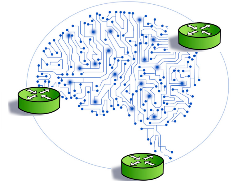 Digital illustration of blue circuit board pattern in the shape of a brain, with three green cylindrical components, each featuring arrows.