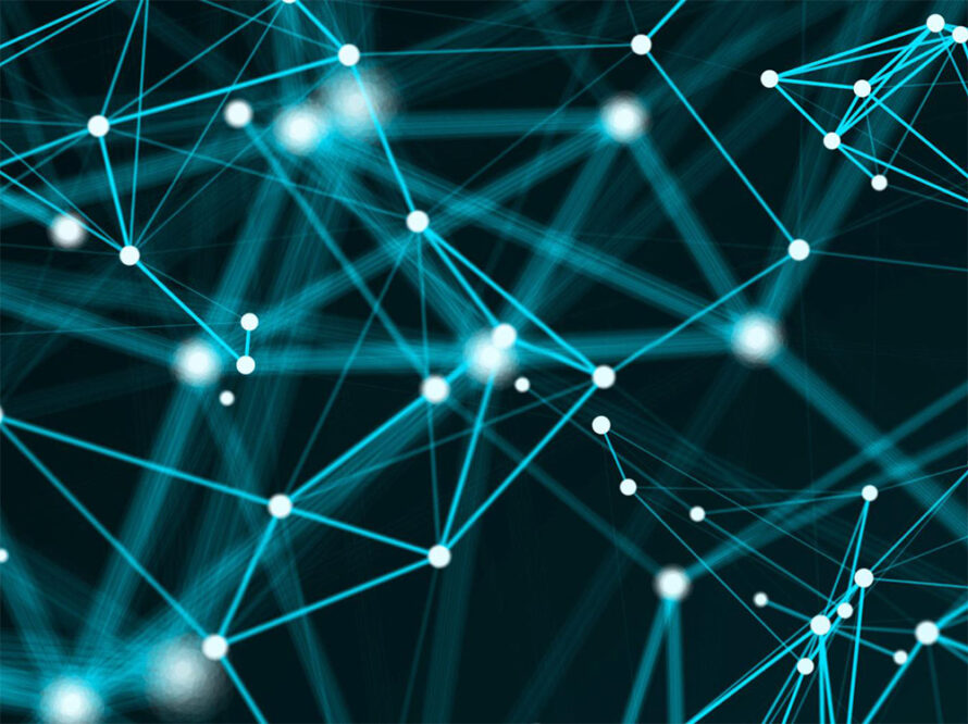 Abstract digital network illustration with interconnected nodes and lines on a dark background.