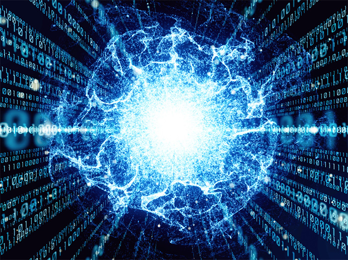 Digital illustration of a luminous, blue energy core with binary code streaming towards the center from all sides against a dark background.