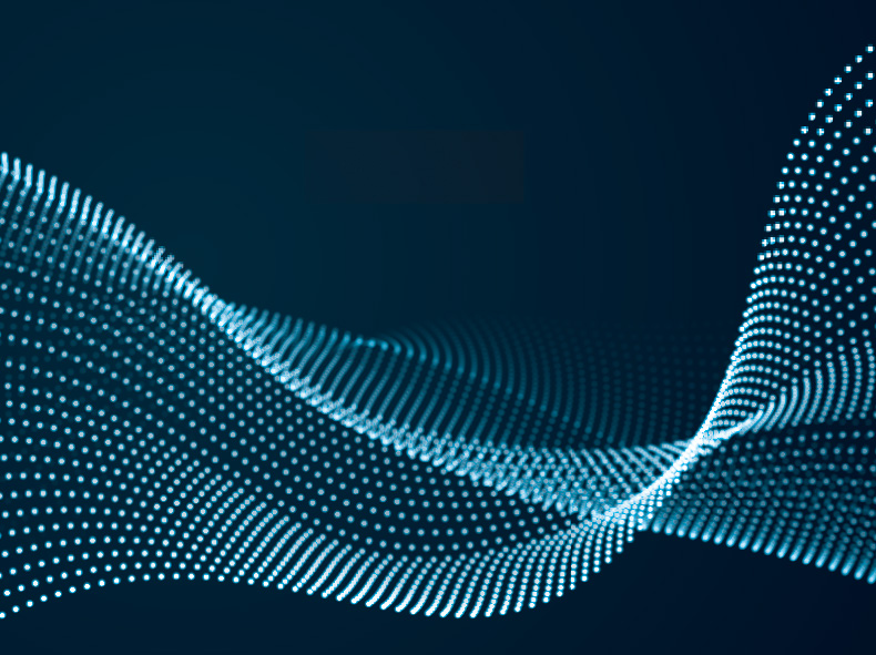 Dynamic display of blue dots formed into a wave pattern, set against a dark background.