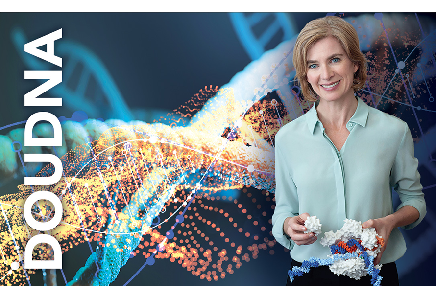 Jennifer Doudna holding a scientific tool in front of a colorful DNA helix background. The word DOUDNA is printed on the left side from the bottom to the top.
