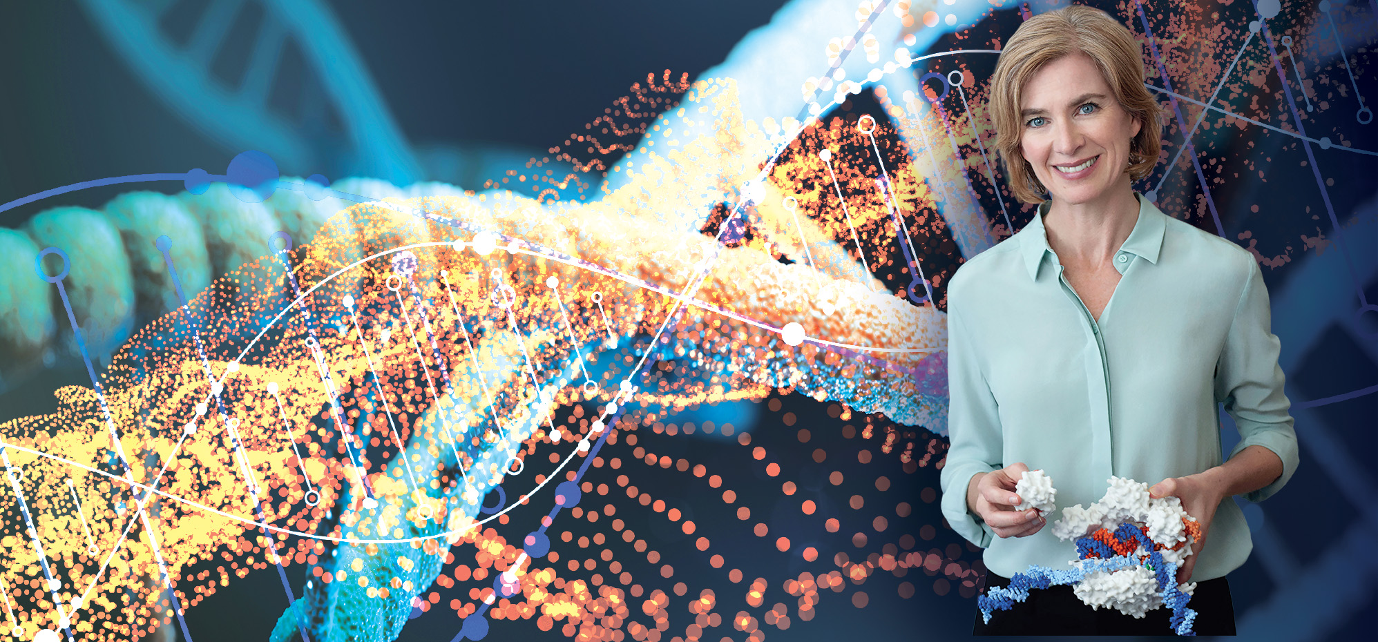 Jennifer Doudna holding a scientific tool in front of a colorful DNA helix background. The word DOUDNA is printed on the left side from the bottom to the top.