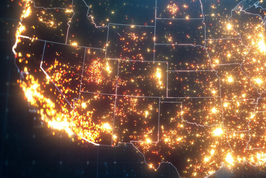 Glowing map of the western U.S. showing dense clusters of activity with bright lights across major states like California, Texas, and Colorado.