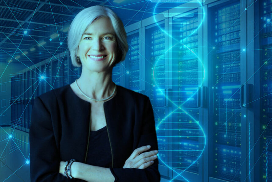 Jennifer Doudna superimposed over super computing stacks and ambient blue connection patterns.