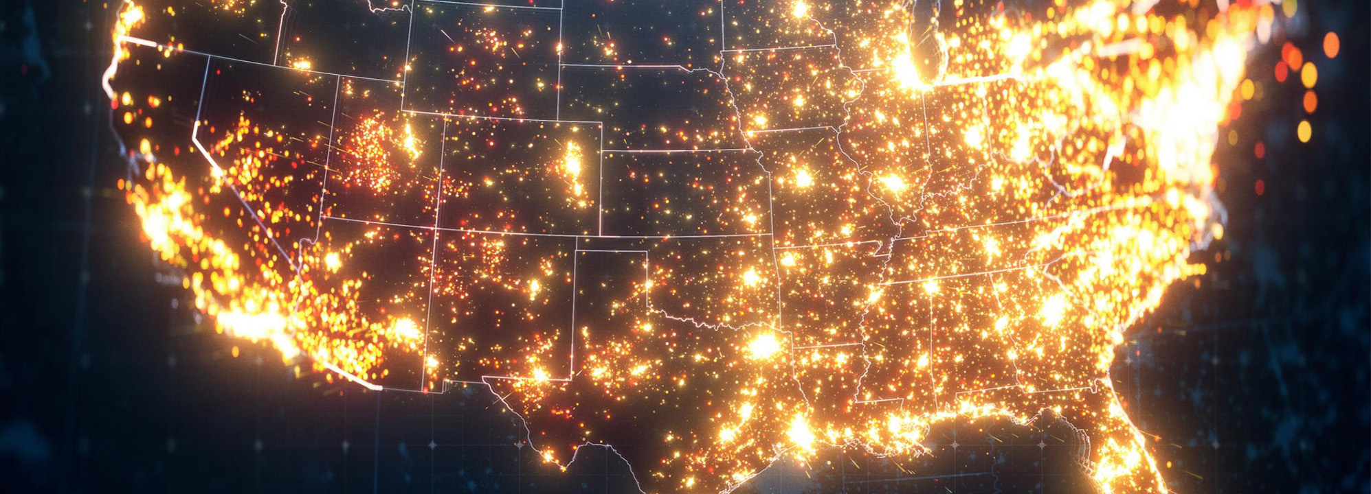 Glowing map of the U.S. showing dense clusters of activity with bright lights across major states.