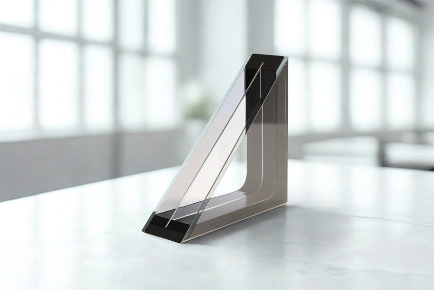 A triple pane window on a white table with light filtering through large windows in the background.