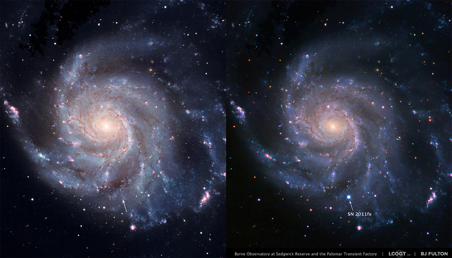 Side-by-side images of a spiral galaxy showing the appearance of a white dot, which is absent in the left image but marked with an arrow and label “SN 2011fe” in the right.