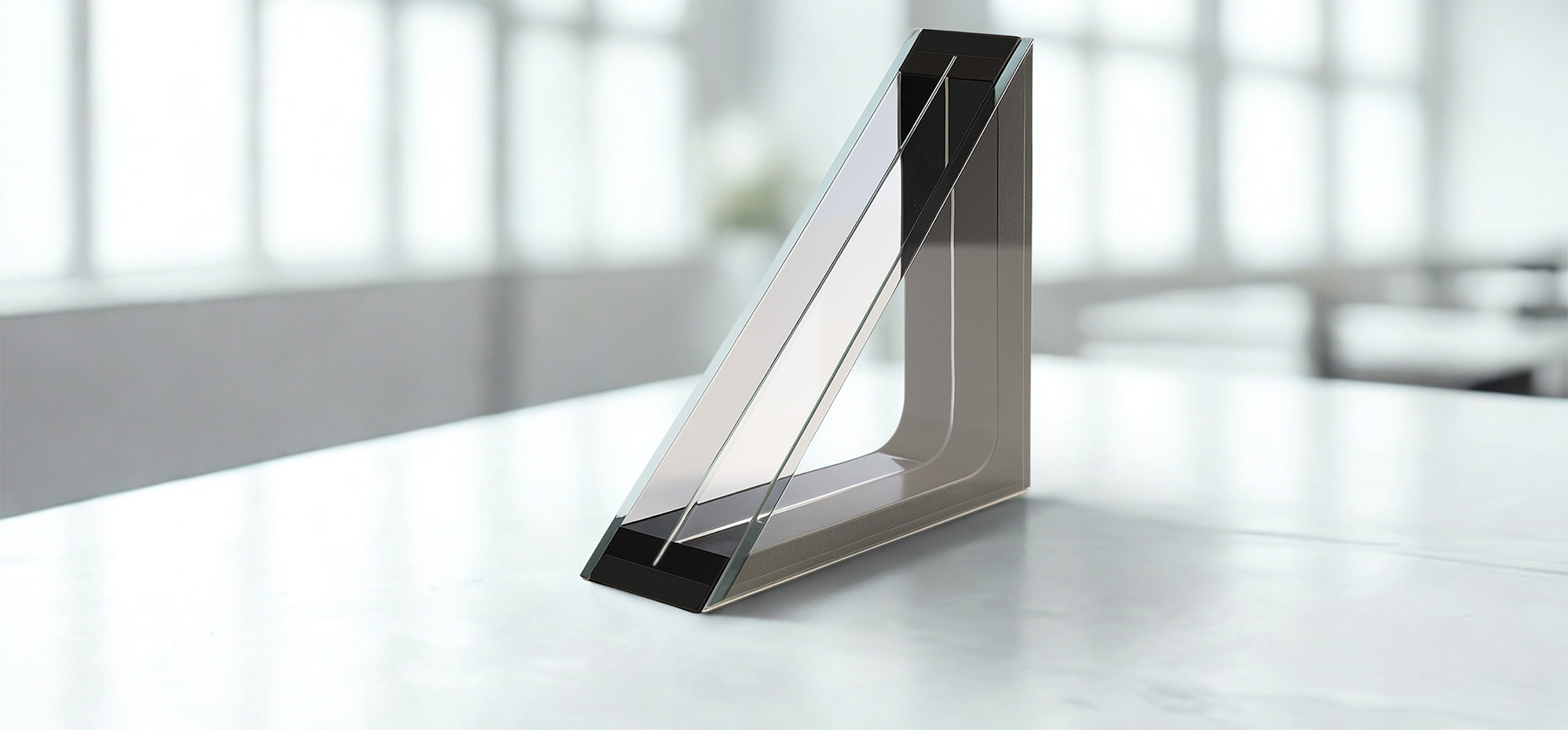 A triple pane window on a white table with light filtering through large windows in the background.