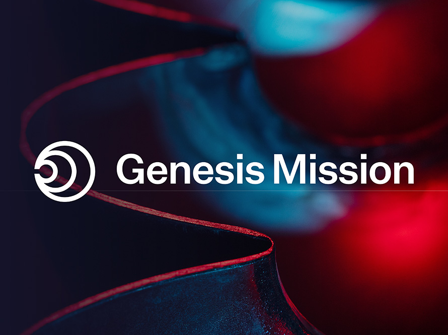 Blurred blue and red bokeh lights with a white logo spelling Genesis Mission over top.