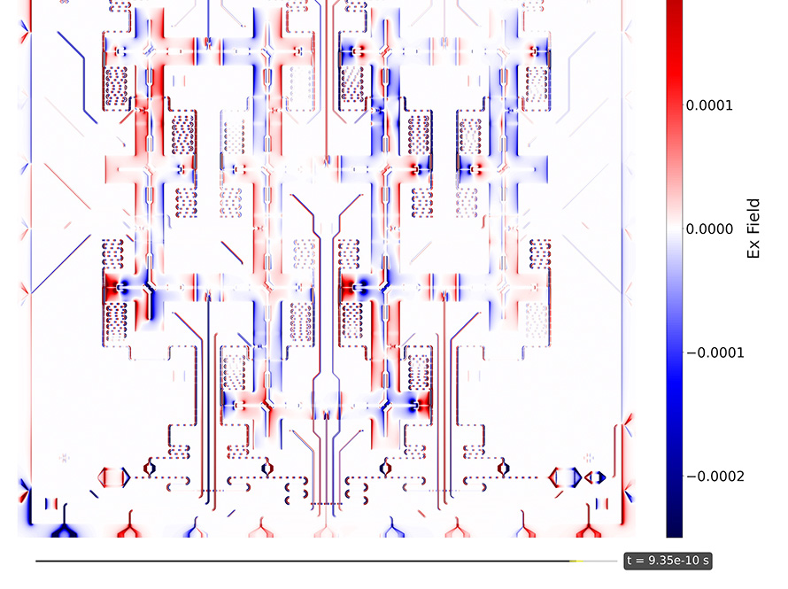 Computer-generated image of a microchip, with features and etchings of the chip colored red and blue on a white background