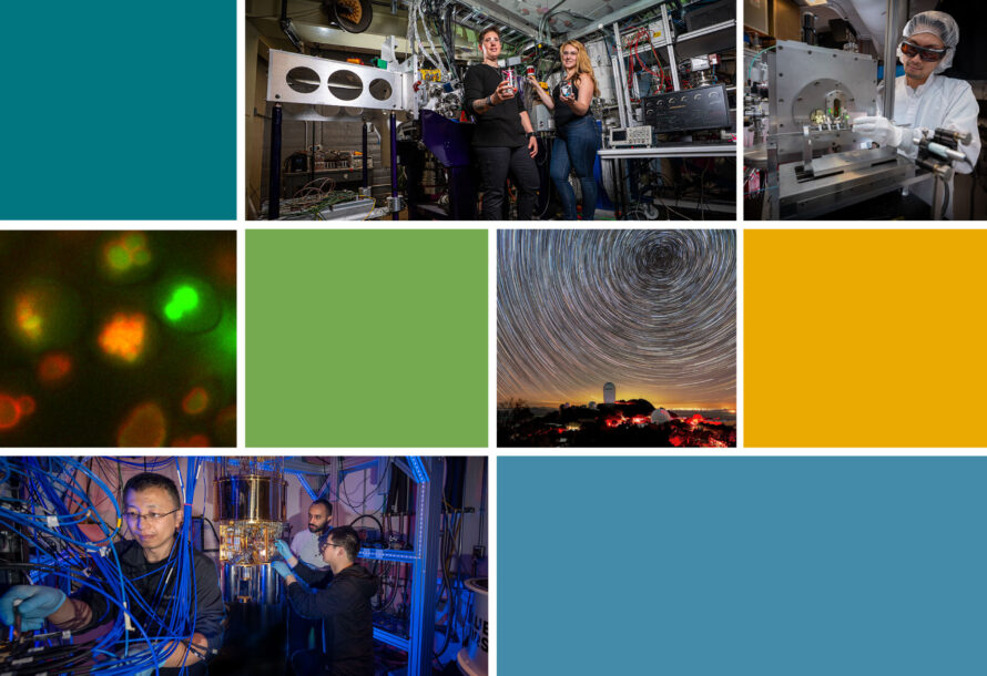 An image of nine panels showing either laboratory sciences, science figures, astronomical scenes, and colored blocks.