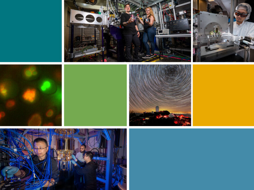An image of nine panels showing either laboratory sciences, science figures, astronomical scenes, and colored blocks.