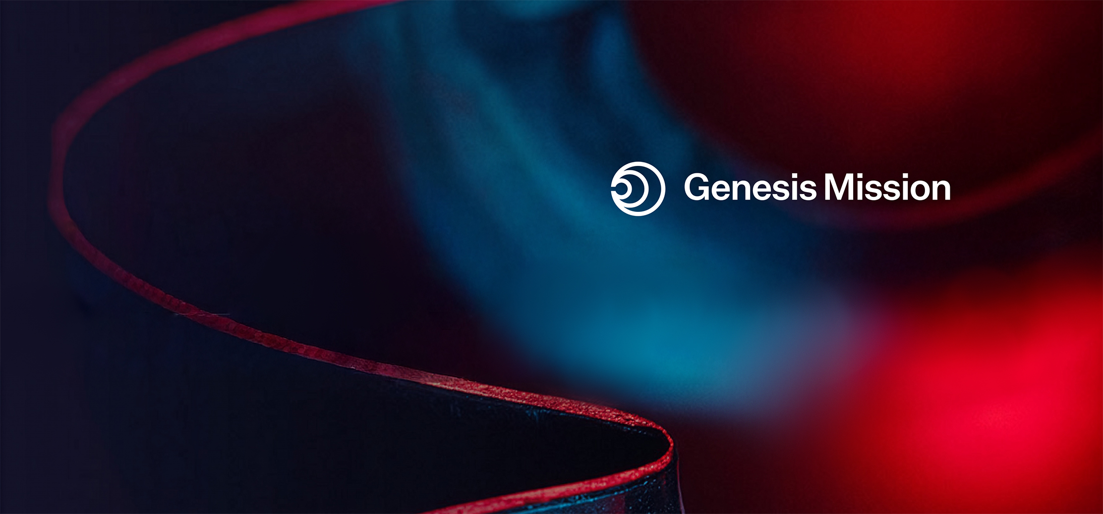 Blurred blue and red bokeh lights with a white logo spelling Genesis Mission over top.