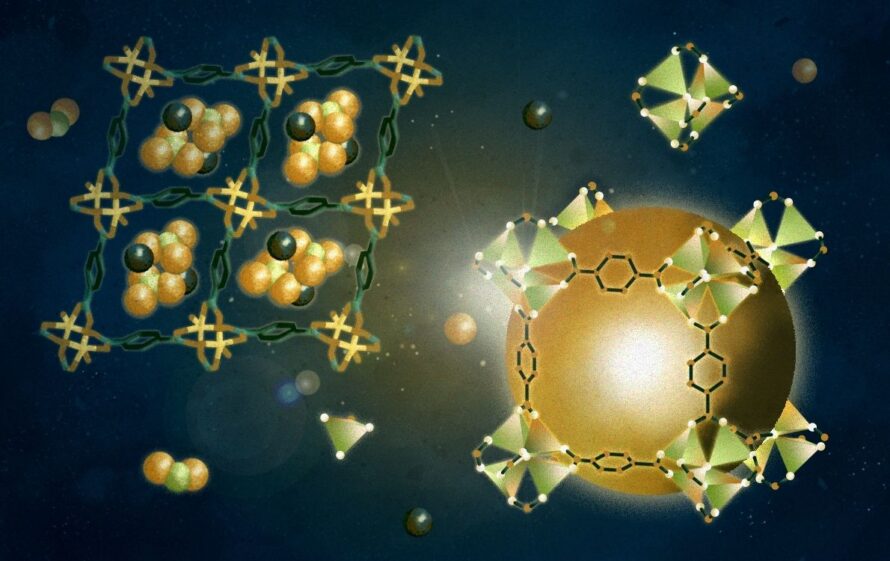 Atomic models in shades of green and gold appear on a dark green background.
