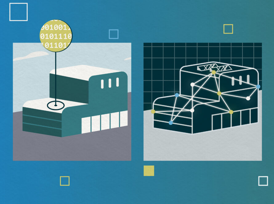 A diptych illustration depicting a building with a data node protruding on the left and a digital blueprint of the same building on the left.