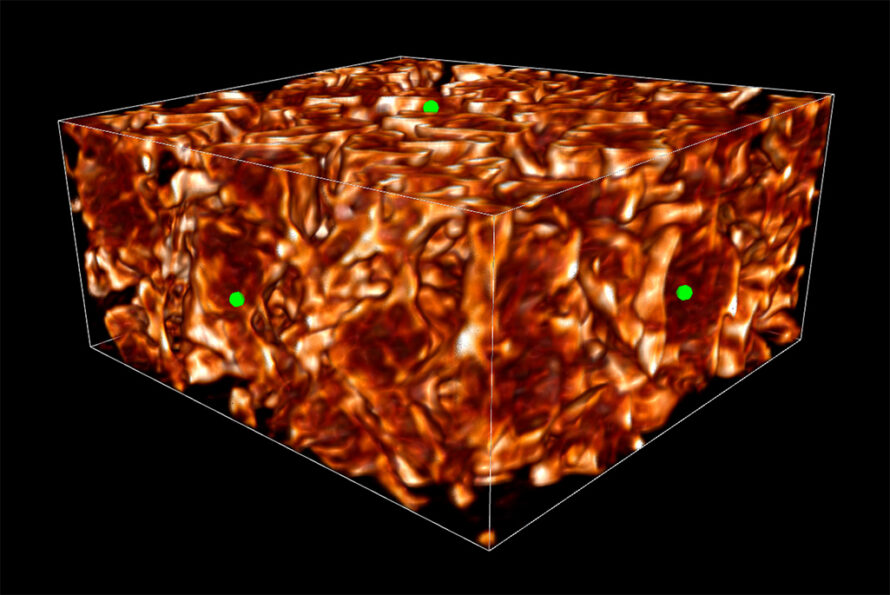 A red and orange volume visualization of the porous transport layer from a water electrolyzer.