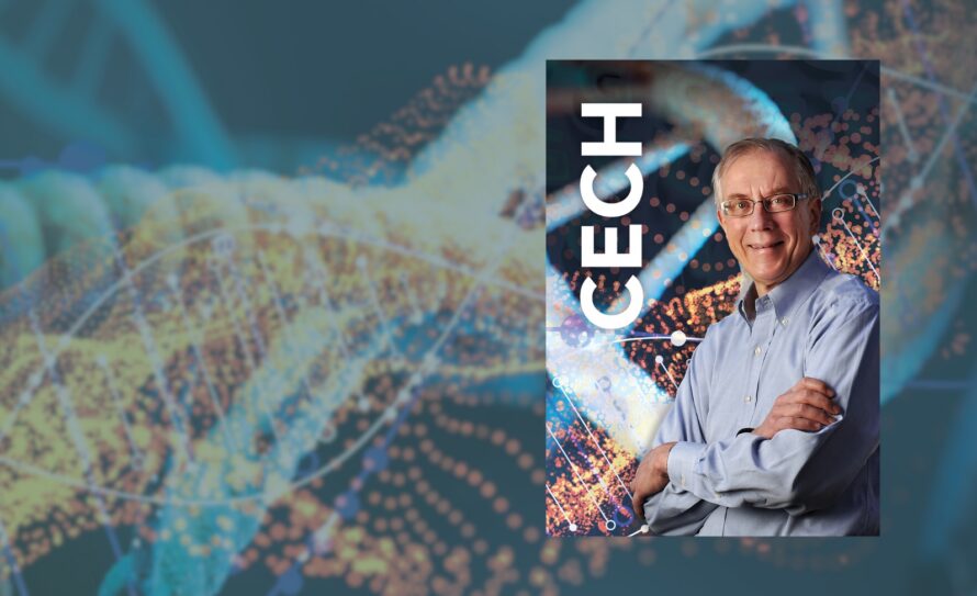 Photograph of Thomas Cech in front of an illustration of an RNA molecule
