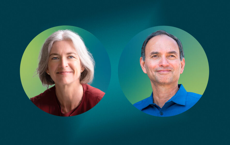 A circular photo portrait of a male scientist and a female scientist on a blue-green gradient background.
