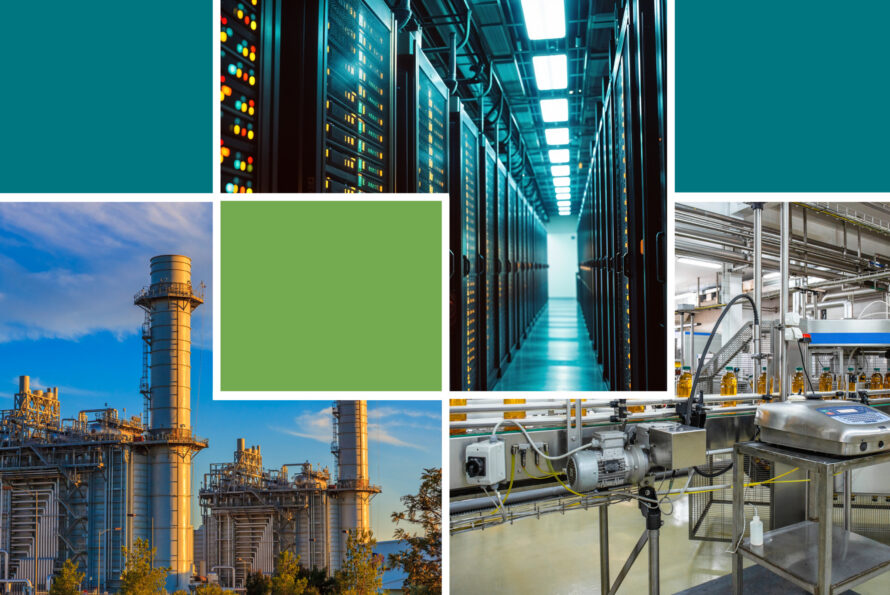 Collage of industrial and technology scenes: rows of servers in a data center, a refinery or power plant with tall stacks, and a food or beverage bottling line, arranged with teal and green graphic blocks.