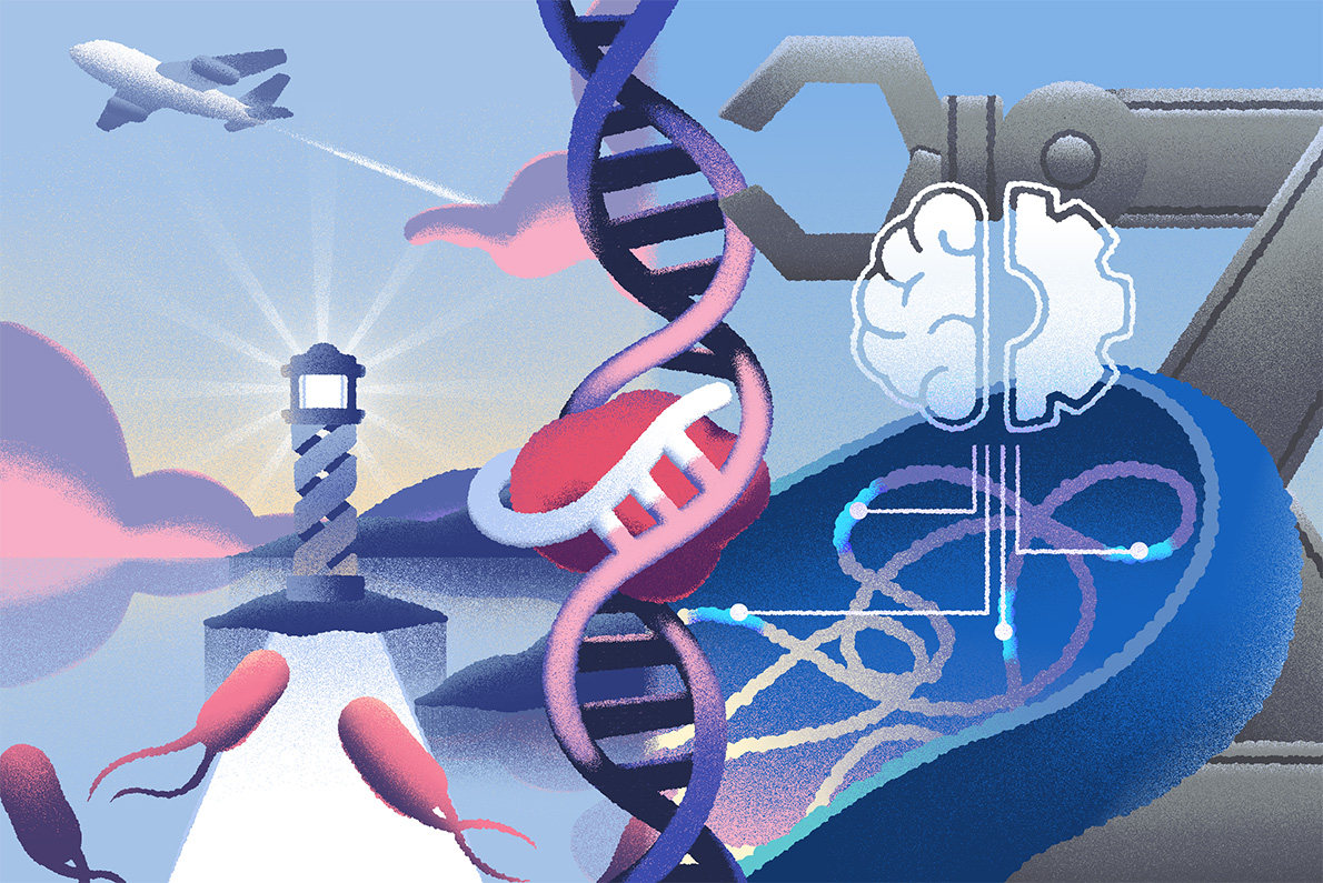 A lighthouse with a DNA double helix as its base represents how biological innovation can accelerate synthetic aviation fuel production.