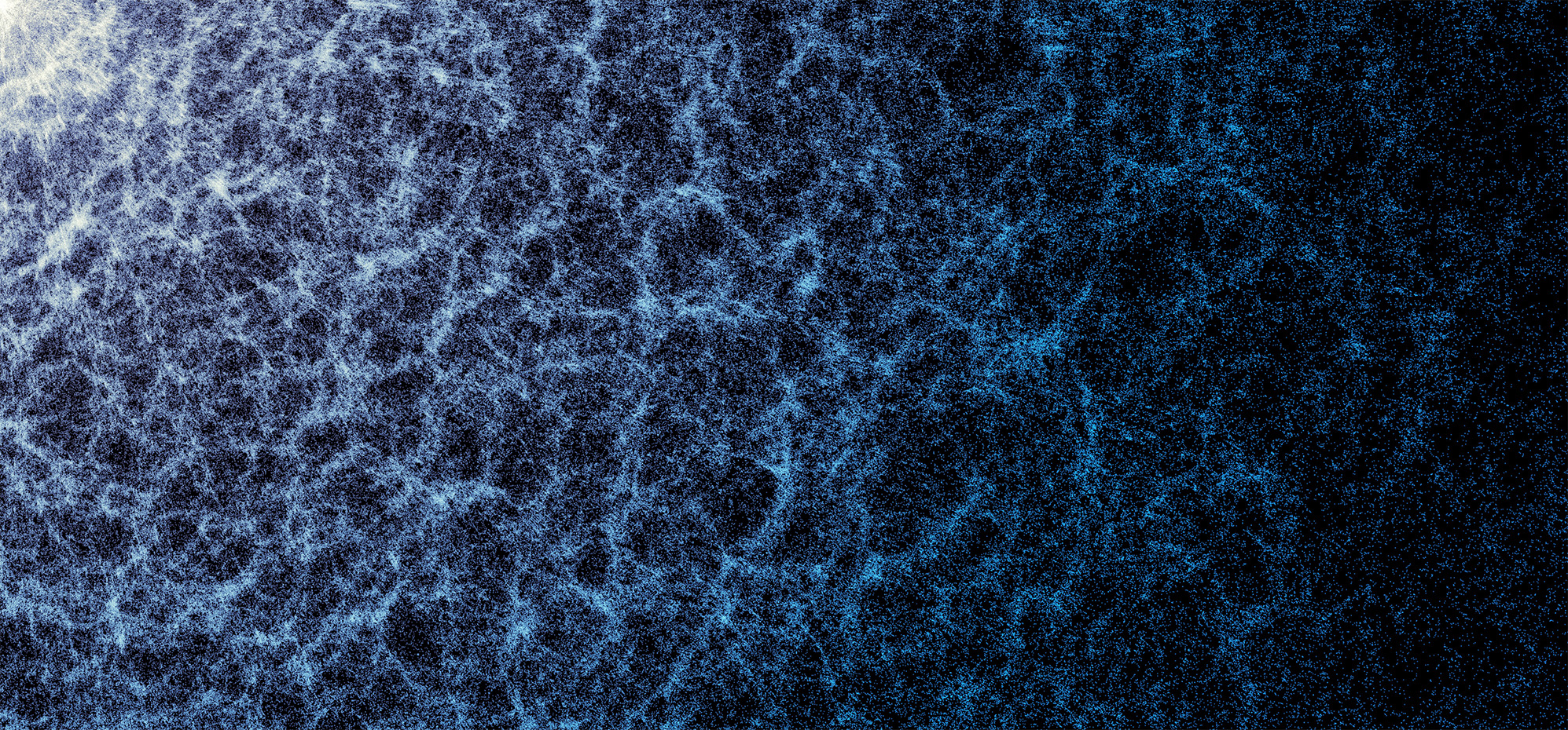 A fan of blue and white dots extending across a black background.