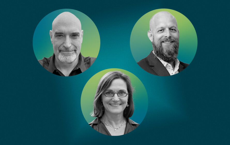 Three portraits of different scientists on a blue-green gradient background.