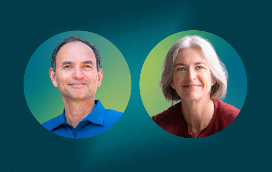 A circular photo portrait of a male scientist and a female scientist on a blue-green gradient background.