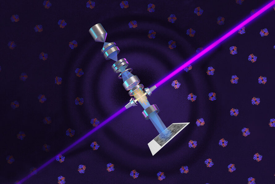 A central column of metallic, cylindrical lenses and optical components is arranged diagonally, through which a light blue cone of light passes, projecting onto a rectangular detector plate at the bottom. A bright, neon-purple laser beam intersects the middle of the column, causing a glowing orange wave at the intersection. The setup is set against a dark purple background patterned with faint ripples small, repeating blue and red protein-like structures.