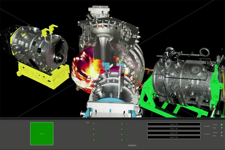 A simulation from a digital twin representing a fusion device. Plasma shape and position can be seen in red and yellow.