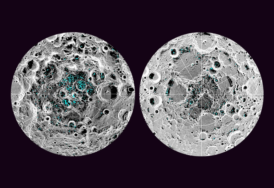 Two circular topographical maps on a black background displaying distribution of surface ice at the Moon's south pole (left) and north pole (right). Blue represents the ice locations, plotted over an image of the lunar surface, where the gray scale corresponds to surface temperature (darker representing colder areas and lighter shades indicating warmer zones)