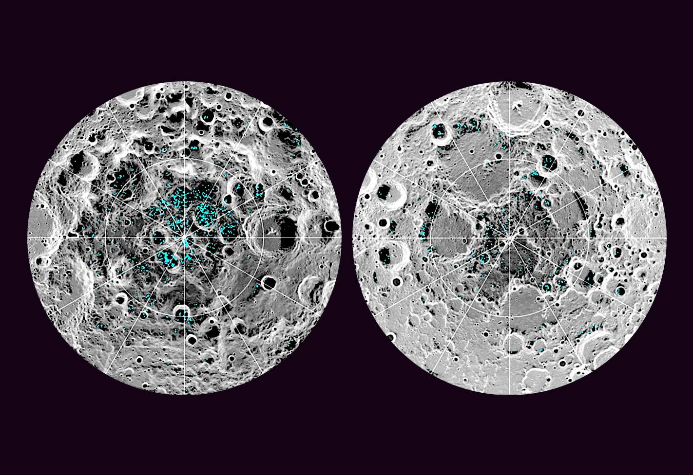Two circular topographical maps on a black background displaying distribution of surface ice at the Moon's south pole (left) and north pole (right). Blue represents the ice locations, plotted over an image of the lunar surface, where the gray scale corresponds to surface temperature (darker representing colder areas and lighter shades indicating warmer zones)