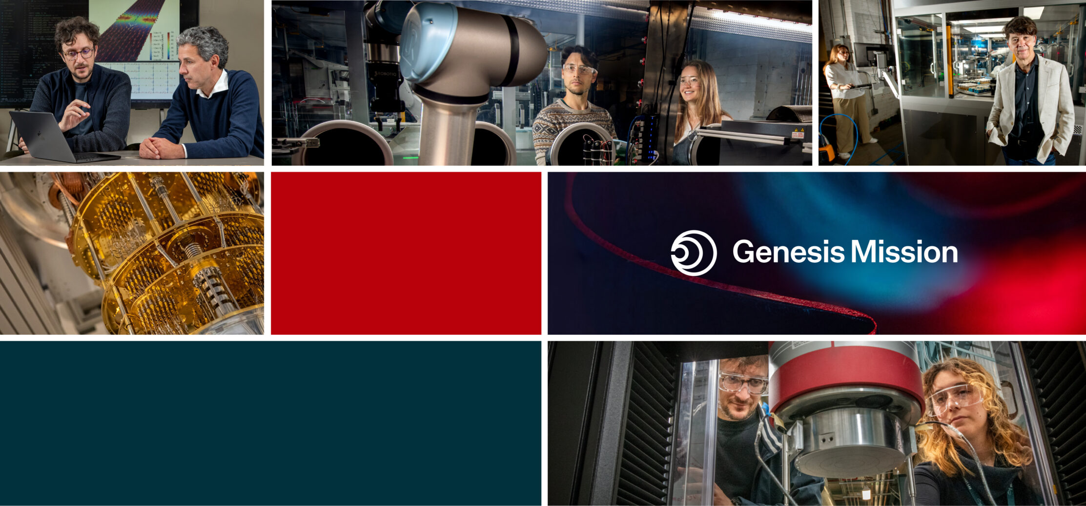 Gridded collage of researchers with science equipment, including magnets, robots, and a dilution refrigerator. One rectangle contains the Genesis Mission logo.