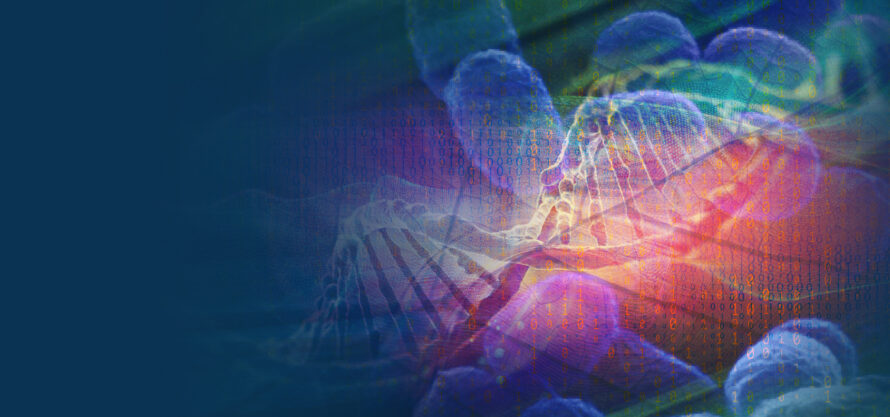 Abstract illustration of microscopic cells combined with binary code
