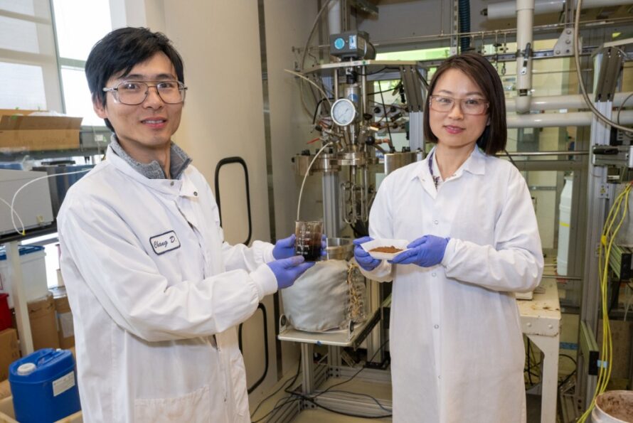 Two researchers in a laboratory setting wearing white lab coats and standing in front of various equipment hold samples of brown-colored lignin.